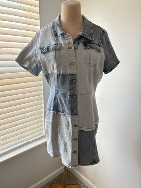 Regeneration Women's Denim Patchwork Short Sleeve Mini Dress